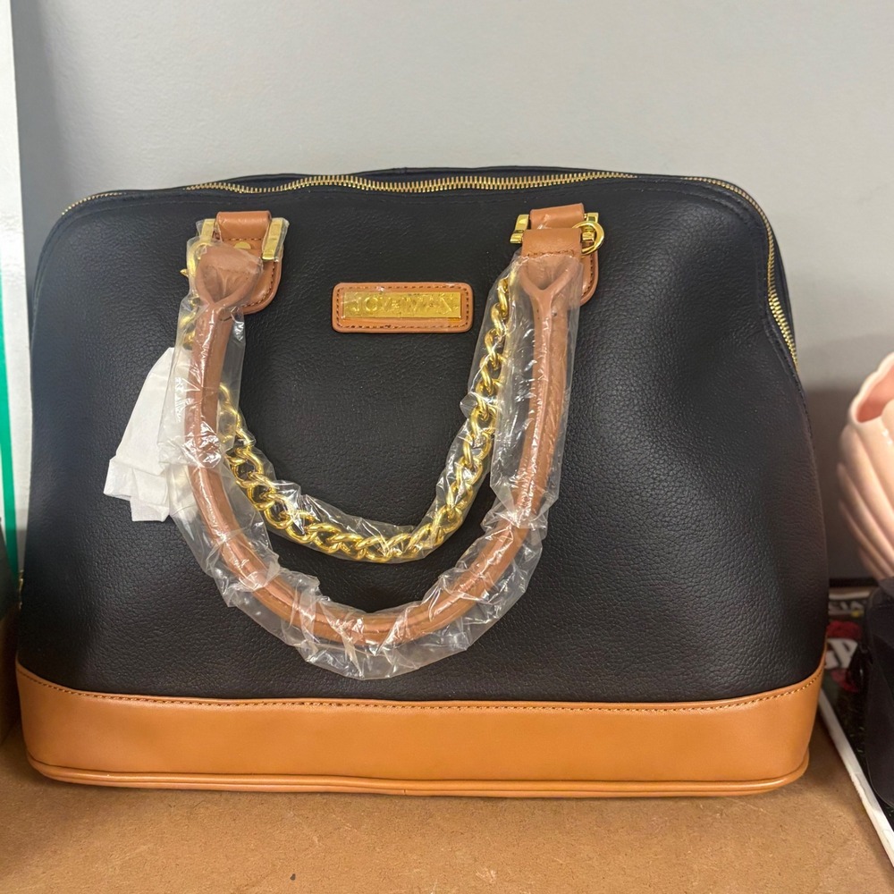Joy & Iman Black and Tan Pebbled Satchel Gold Hardware Dome Bag Fall Bag Classic
